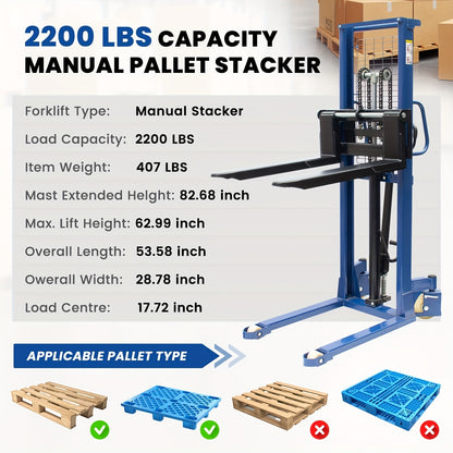 Industrial Heavy-Duty 2200lbs Manual Hydraulic Pallet Stacker | Adjustable Lift Height 3.78"-63" | Fixed Legs & Blue Metal Grid Design | Adjustable Forks For Open Bottom/Block Pallets