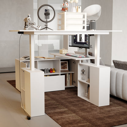 Electric Height Adjustable Standing Computer Desk With Open Storage Shelves, Adjustable Height Office Desk With With Drawer, Administrative Corner Desk, Modern Design, White