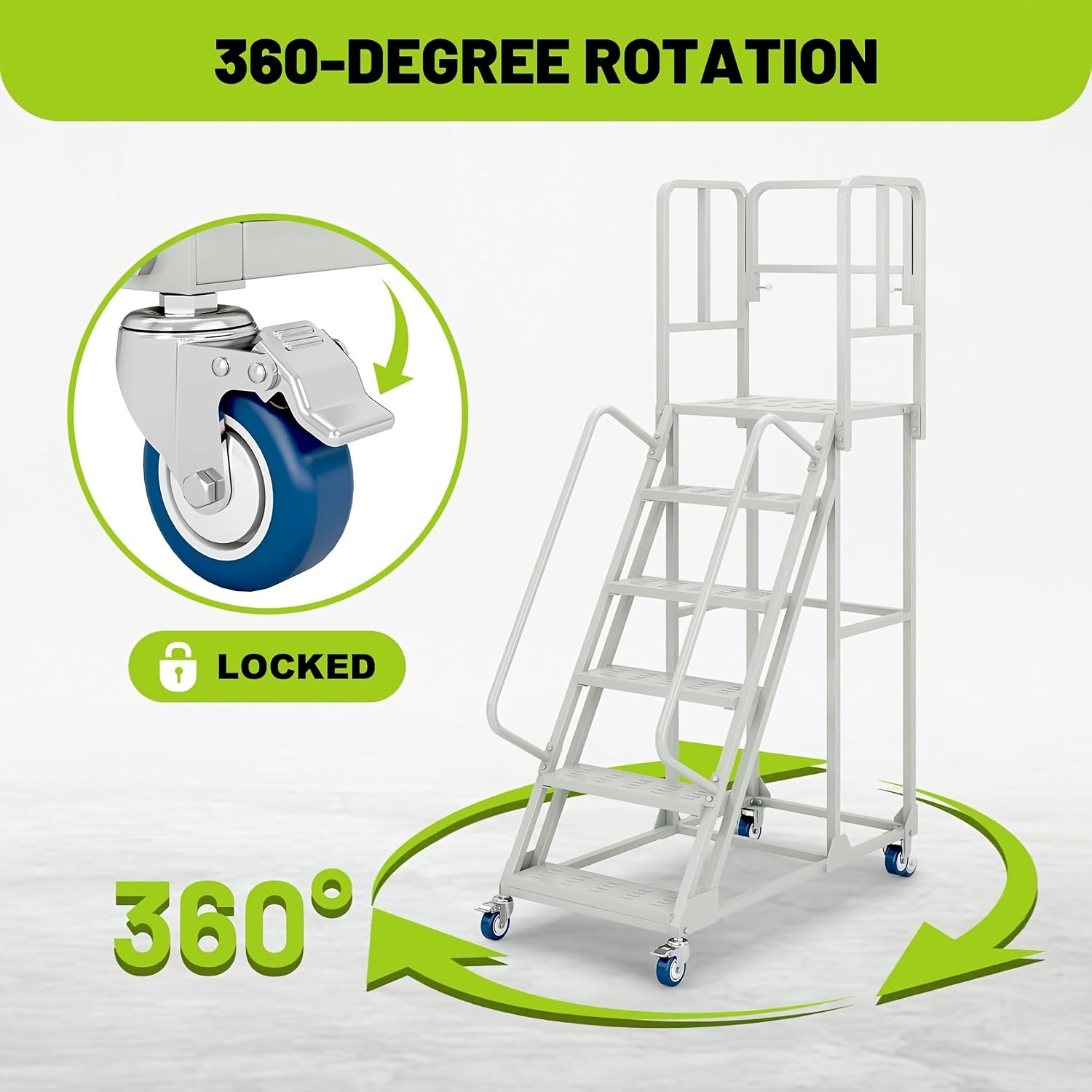 A 6-Step Rolling Ladder Measuring 24 Inches Wide And 90 Inches High, Featuring Dual Handrails And Lockable Wheels, Capable of Supporting Up to 1200 Pounds. This Heavy-Duty Mobile Platform Ladder Is Ideal for Use in Warehouses, Supermarkets