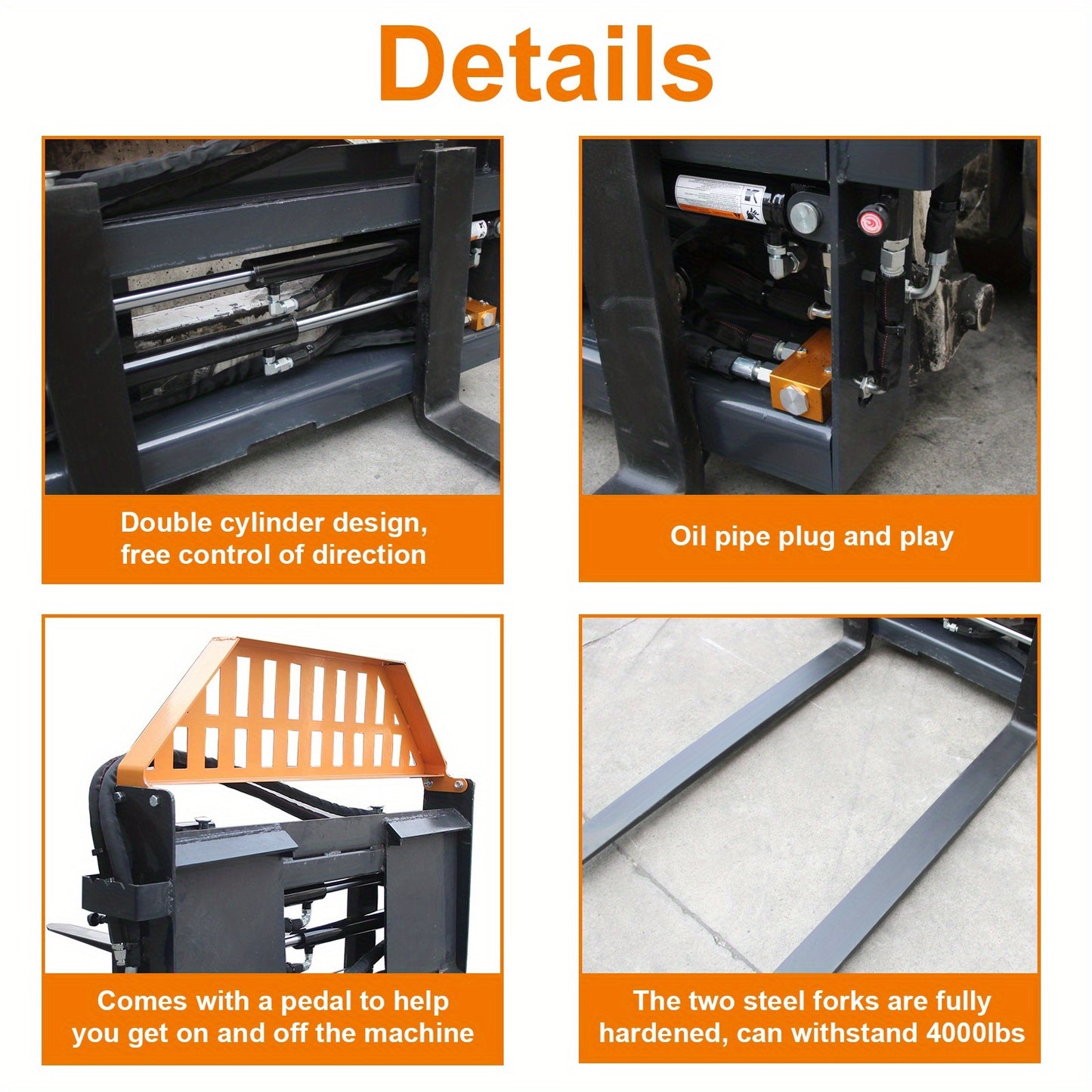 Heavy Duty Adjustable Skid Steer Pallet Forks 4000LB 48'' Anti-Slip Tines for Farm & Industrial Use