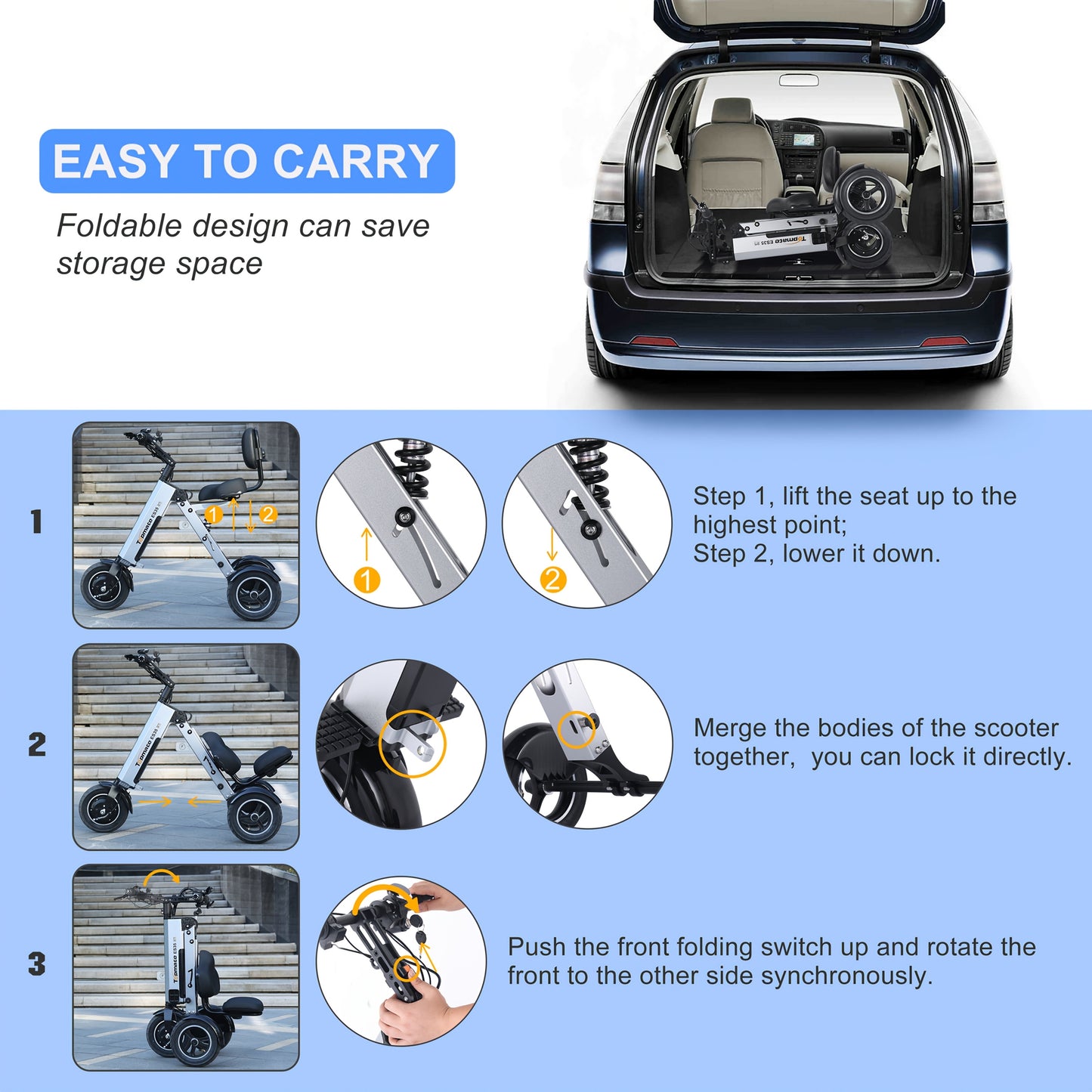 10-Inch Folding Electric Tricycle (With Adult Backrest Seat), an Electric Scooter Equipped with a 36V 7.8Ah Removable Battery, Featuring Reverse Assist And 3-Speed Gear Adjustment
