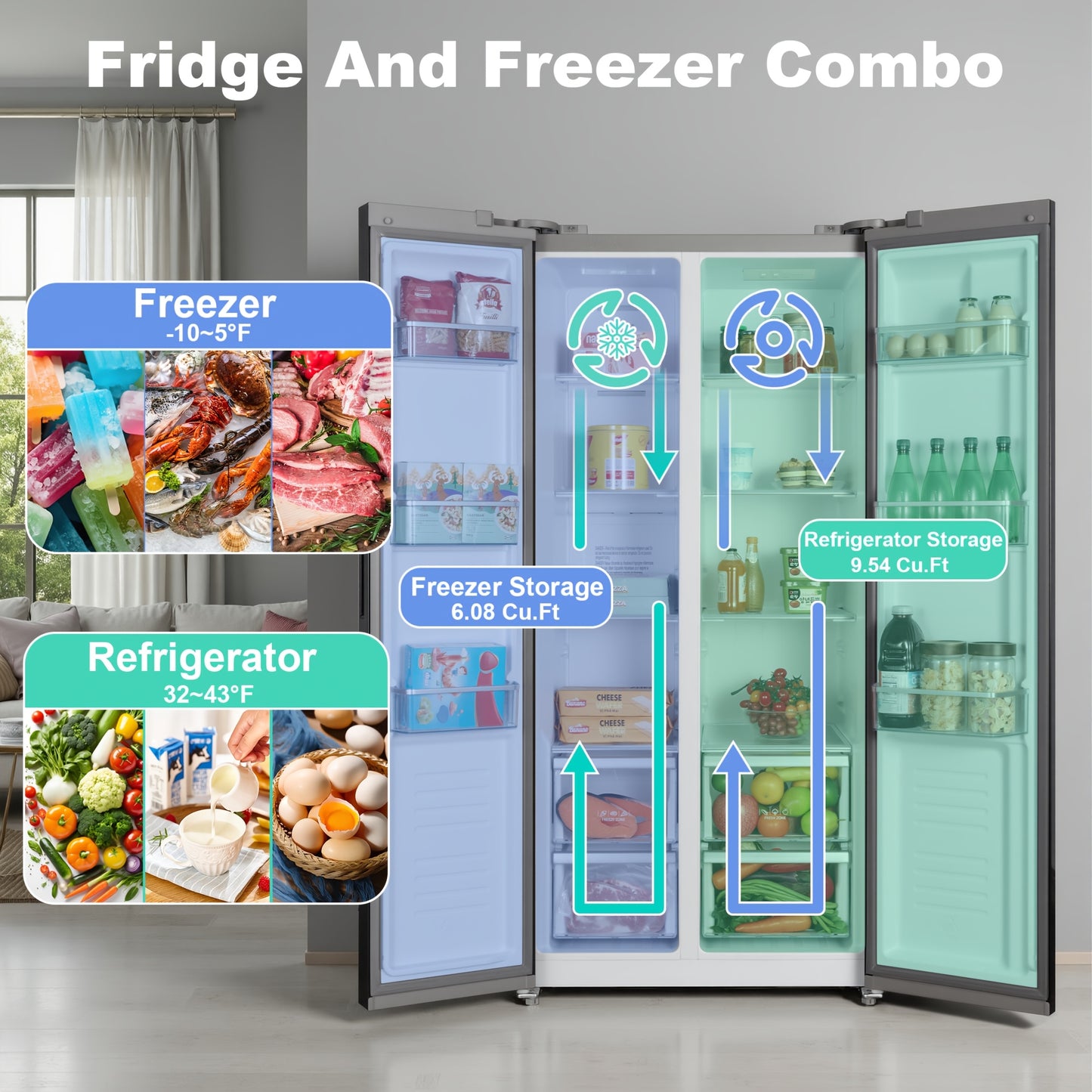 Iceblue 15.6 Cu. Ft. Black Stainless Steel Side-By-Side Refrigerator - Independent Left Freezer And Right Fridge Temperature Control