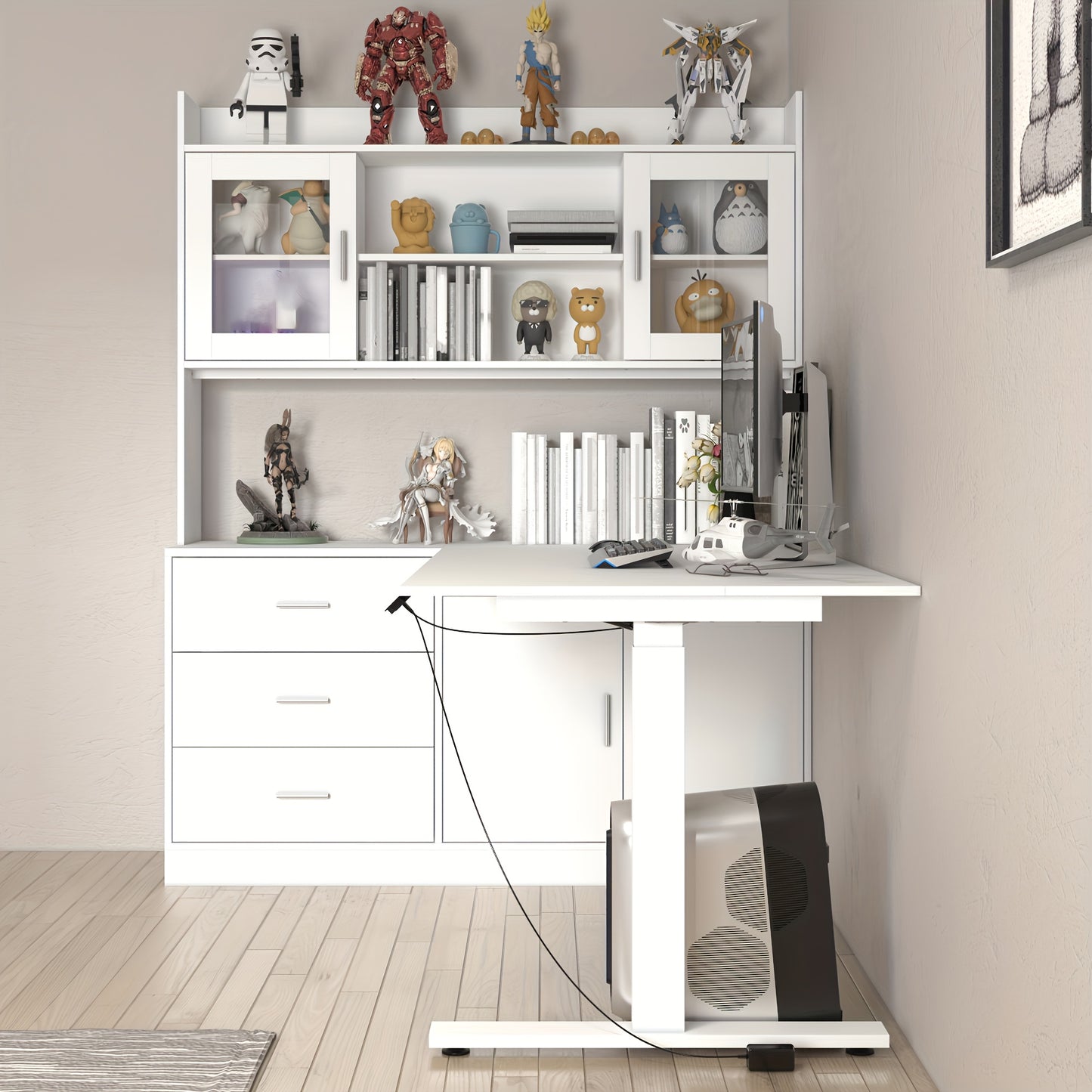 Electric Height Adjustable Computer Desk With 3 Drawers, 1 Cabinet & 2 Open Shelves, L-shaped Computer Desk With Glass Doors & Open Counter, Study Writing Table, For Office, White
