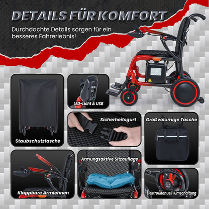 Foldable Carbon Fiber Electric Wheelchair Weighs 30.31 LB, Has a Maximum Load of 264.55 LB, And Comes with a 24AH Battery (2*12), with a Range of 48 Km. It Comes with a Backpack, Dust Cover, And a Double-Layer Thickened Anti-Bedsore Cushion