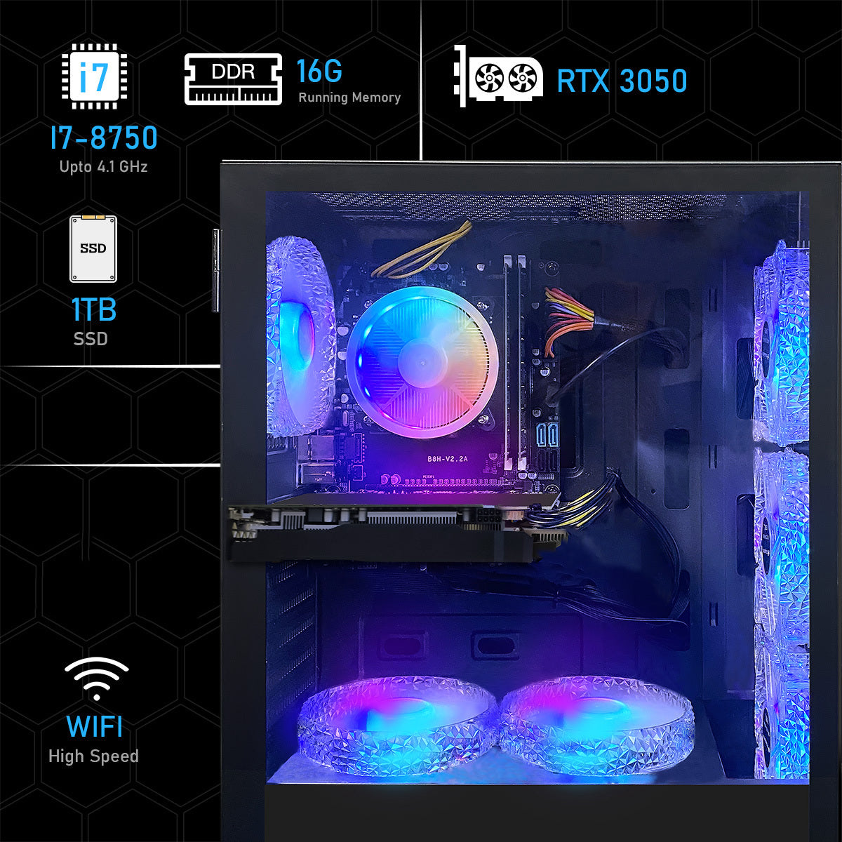 Gaming PC Computer Desktop, Core i7 8th Gen up to 4.1GHz, GeForce RTX 3050 6G, 16G DDR4, 1T SSD, WiFi 6, BT 5.2, RGB Fan x6, Windows 11 Home