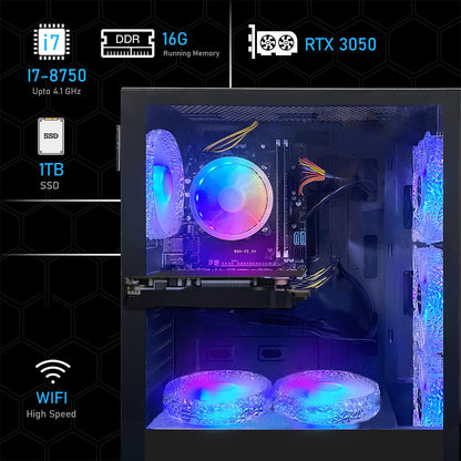 Gaming PC Computer Desktop, Core i7 8th Gen up to 4.1GHz, GeForce RTX 3050 6G, 16G DDR4, 1T SSD, WiFi 6, BT 5.2, RGB Fan x6, Windows 11 Home