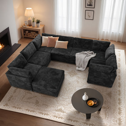 Oversized 130-Inch Plush Cound Sectional Sofa with Ottoman, 8pcs Luxurious U-Shaped Couch for Living Room, Comfortable Deep Seating and Soft Long-Pile Fabric Upholstery for Family and Friends