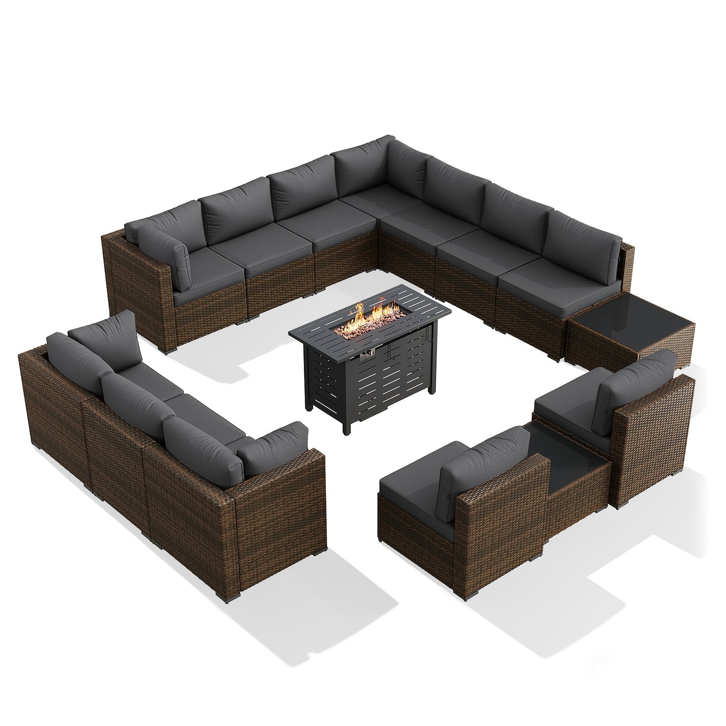 PATIOFIT 8/12/15pcs Outdoor Patio Furniture Set with 40in Fire Pit Table Wicker Rattan Sectional Sofa with Thick Cushions, Coffee Table & Waterproof Cover, Beige Cushions