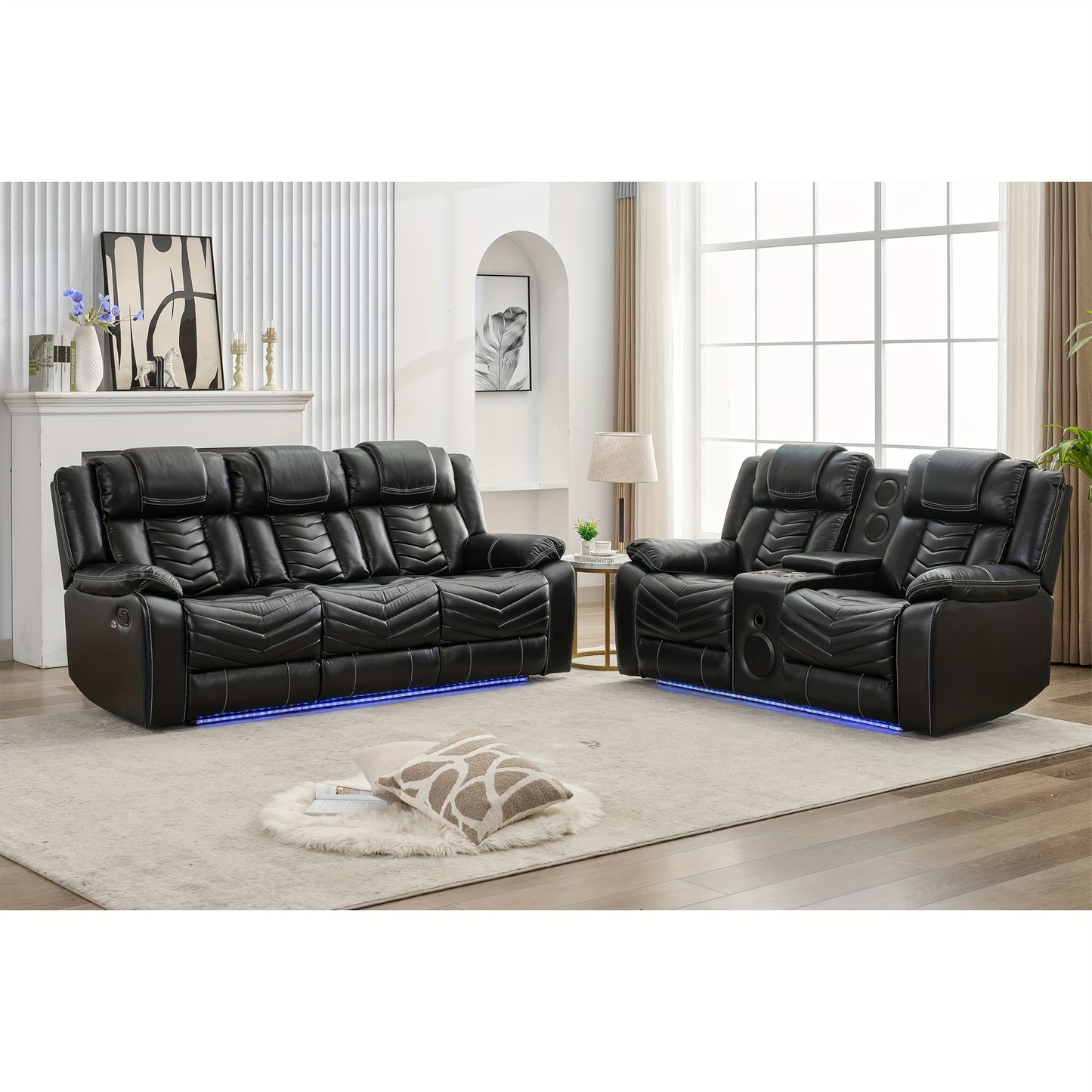 Manual Recliner Sofa Set with Wireless Charger for Living Room, Faux Leather 3 Seater Reclining Sofa and Loveseat Seating Couch with Bass Speakers, LED Lights.