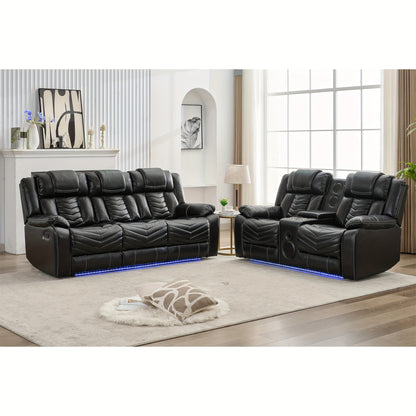 Manual Recliner Sofa Set with Wireless Charger for Living Room, Faux Leather 3 Seater Reclining Sofa and Loveseat Seating Couch with Bass Speakers, LED Lights.