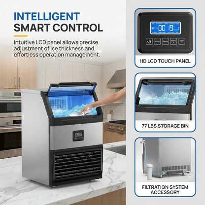 Commercial Ice Maker Machine 440lbs Daily Output, Freestanding Self-Contained Ice Maker with 77lbs Storage Bin, LCD Display Panel with Connection Hoses & Scoop for Home Bar or Office Use