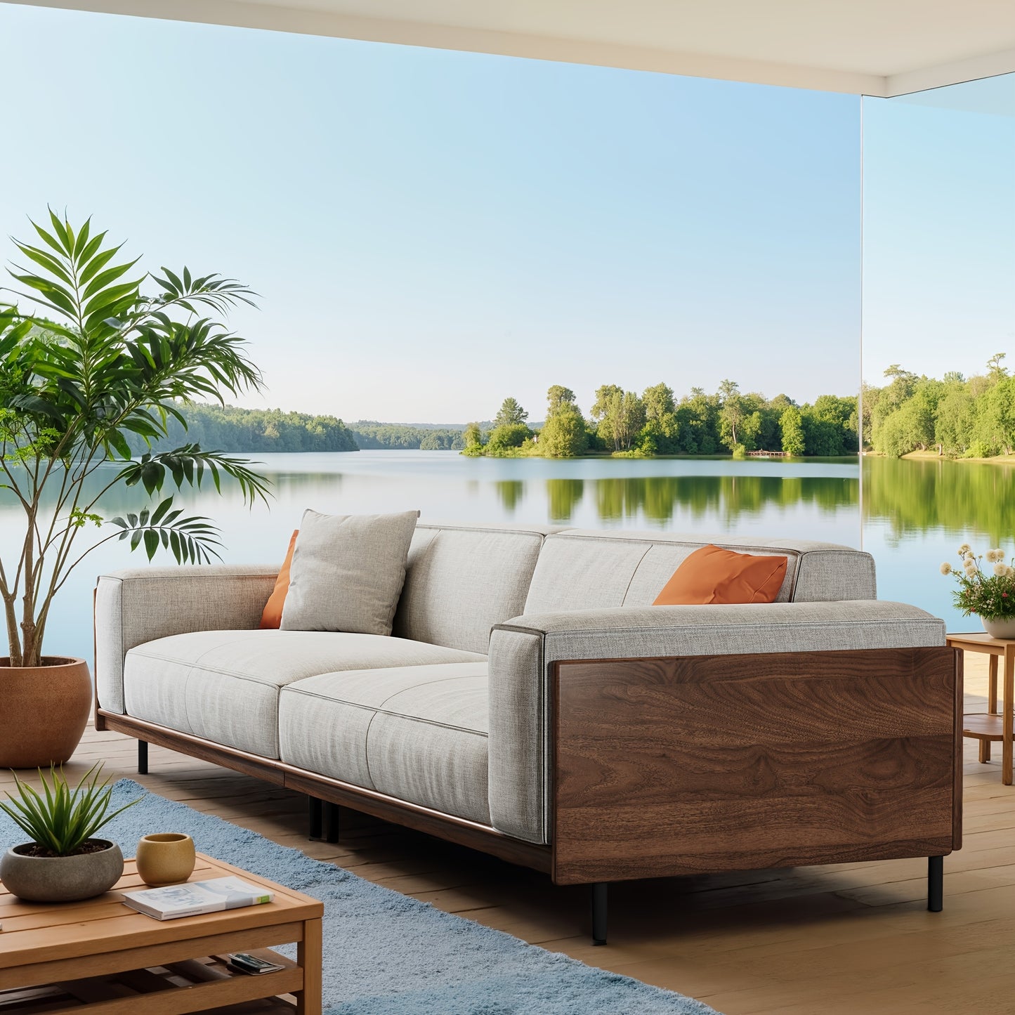 Modern Minimalist Outdoor Sofa, 111.81", Cushioned Linen Fabric, Metal Frame, For Garden And Patio