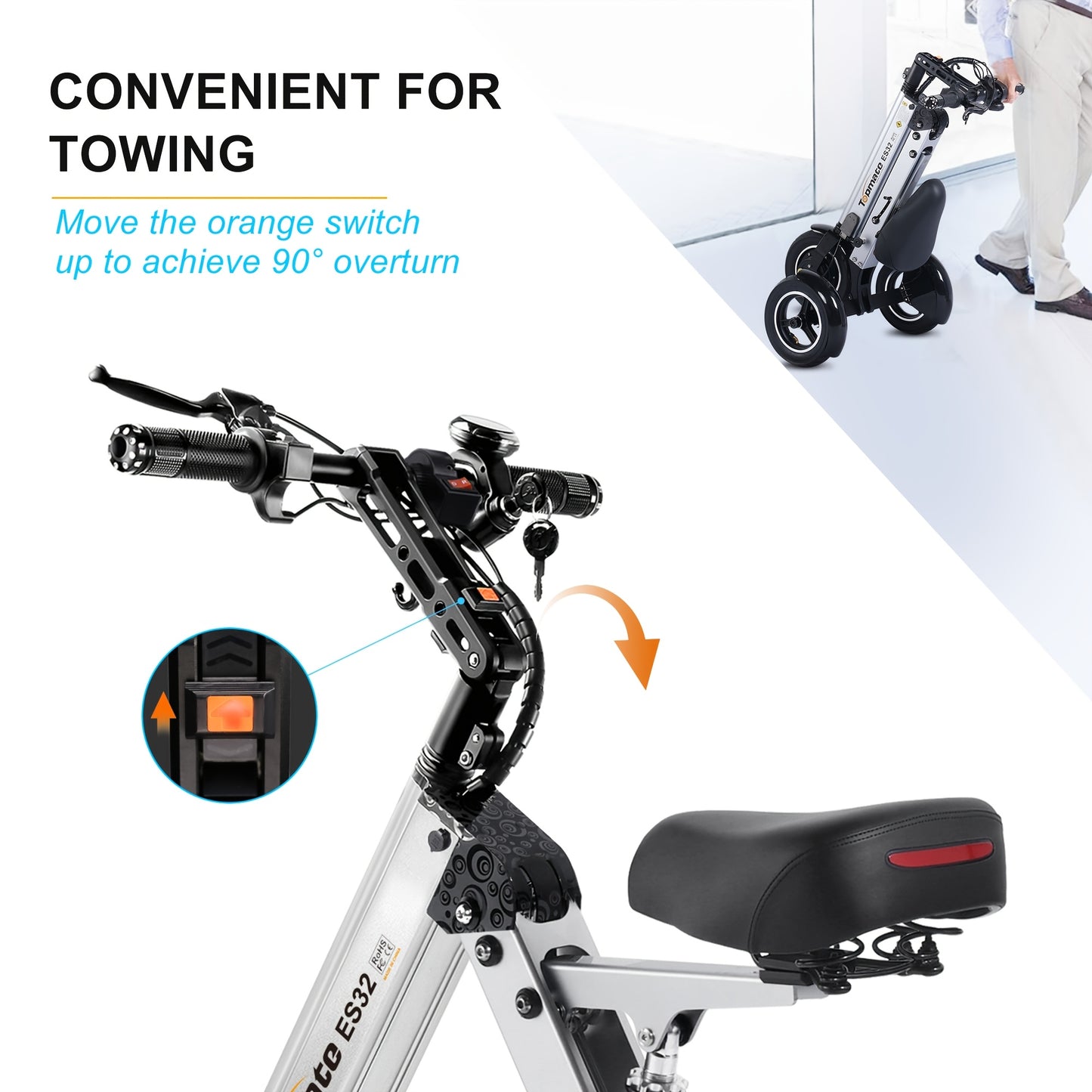 Compact Electric Trike for Grown-Ups, 3-Wheeled Mobility Scooter Featuring a Seat And Reverse Function, 10-Inch Air Tires, Lightweight Vehicle for Outdoor Adventures