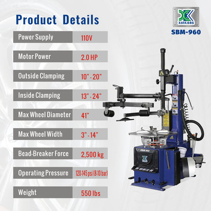 XK 2.0 Horsepower Automatic Tire Changer Tire Machine Wheel Changers Machine Rim Balancer Combo 960 690 with 36 Month Part Replacements