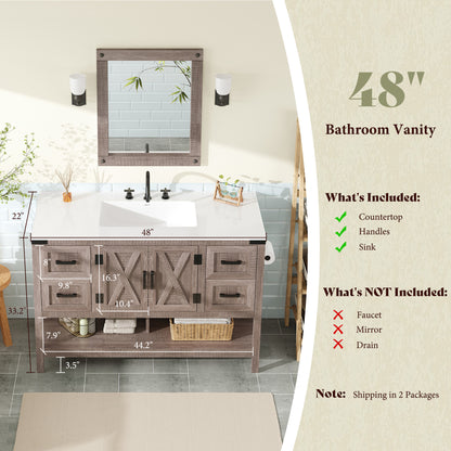 48 Inch Modern Farmhouse Bathroom Vanity with Barn Door Cabinet & 4-Drawer Storage - & Wood Tone Freestanding Sink Unit, Engineered Wood/MDF Suitable for Bathrooms
