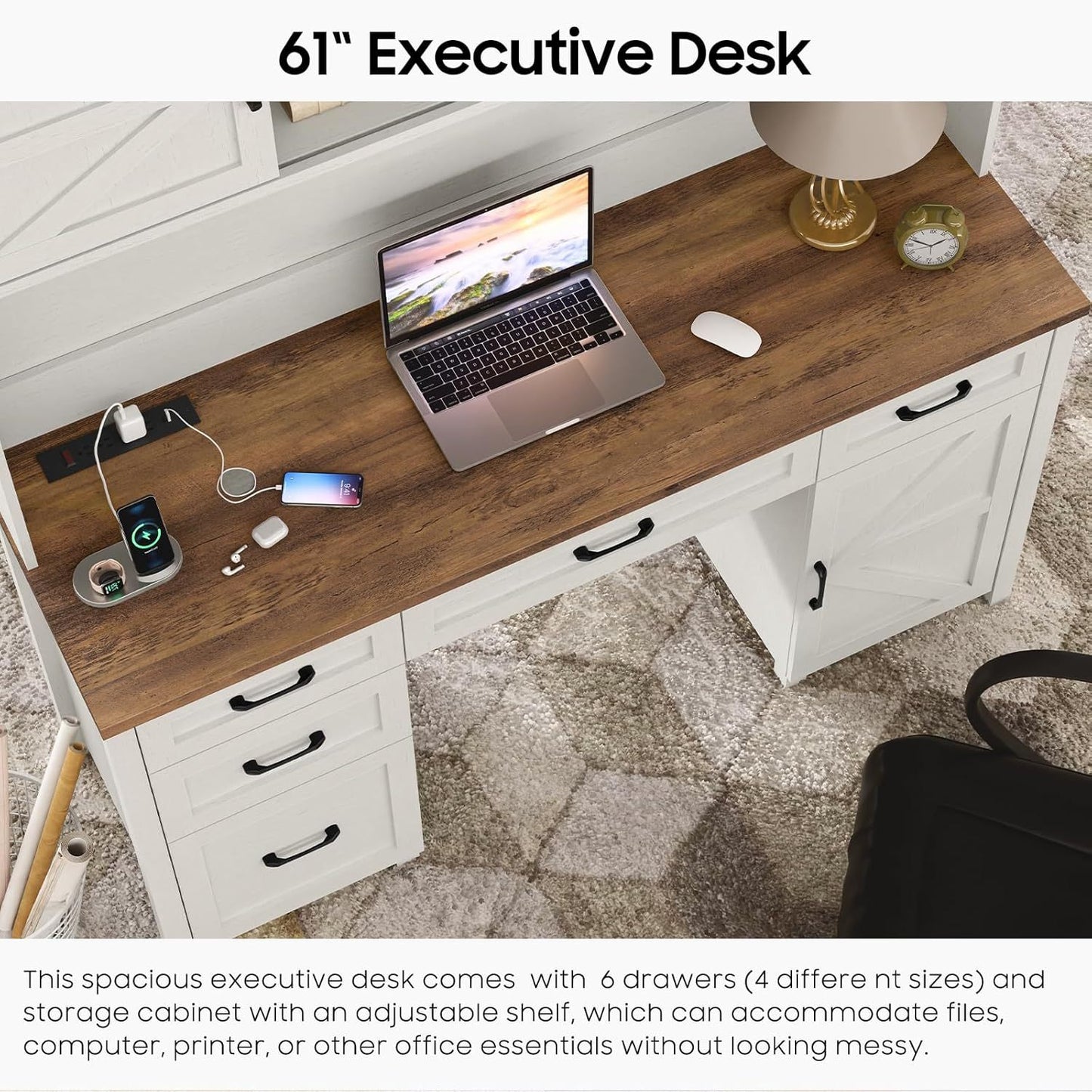 67''H Executive Desk with Storage Cabinet & 5 Drawers Wooden Office Table Computer Desk with Charging Station & Sliding Barn Doors Modern Workspace Office Desk for Home Office & Study, White