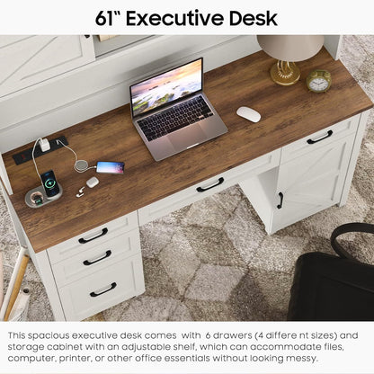 67''H Executive Desk with Storage Cabinet & 5 Drawers Wooden Office Table Computer Desk with Charging Station & Sliding Barn Doors Modern Workspace Office Desk for Home Office & Study, White