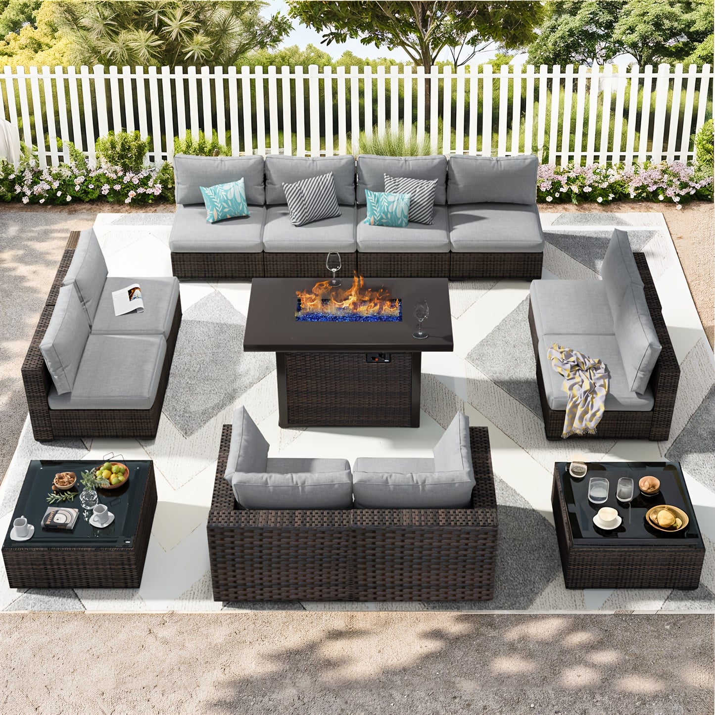 Outdoor Patio Furniture Set with Fire Pit Table, 13pcs Outdoor Furniture Set Patio Sectional Sofa W/42in Propane Fire Pit, PE Wicker Rattan Patio Conversation Sets