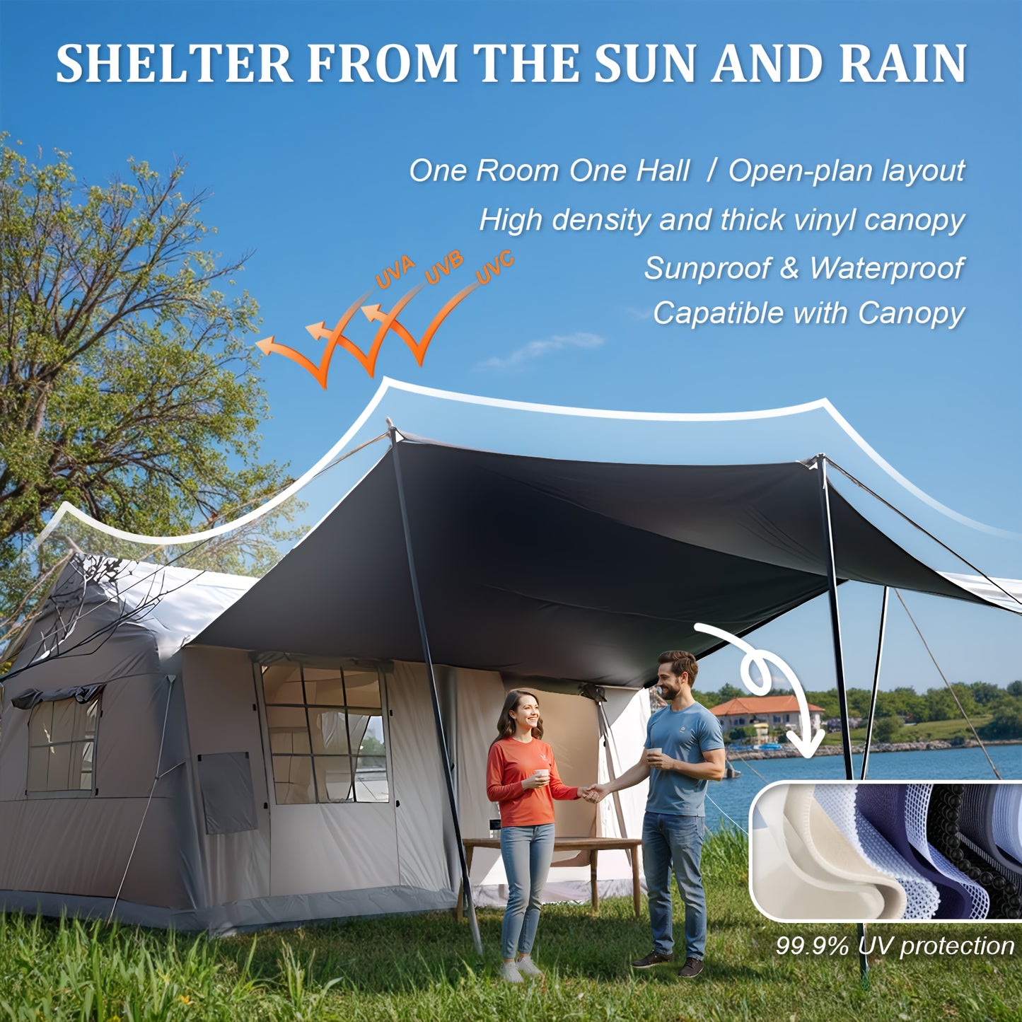 4-8 Person Deluxe Camping Inflatable Tent with Hand Pump 129 Square Feet Large Space Easy Setup Zip Closure Matching with A Canopy to Use, with A Wood Stove Chimney Opening, Tent for 4 Season, Outdoor Camping, Windproof, High Quality with Mosquito