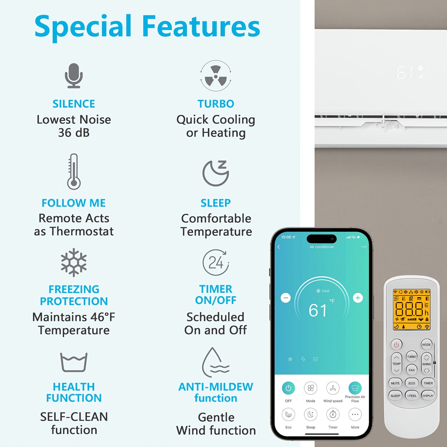 18, 000 BTU 21 SEER Mini Split Air Conditioner with Inverter Technology, 230V/ 60Hz Smart Operation, Quiet Cooler & Heater, Perfect for Home