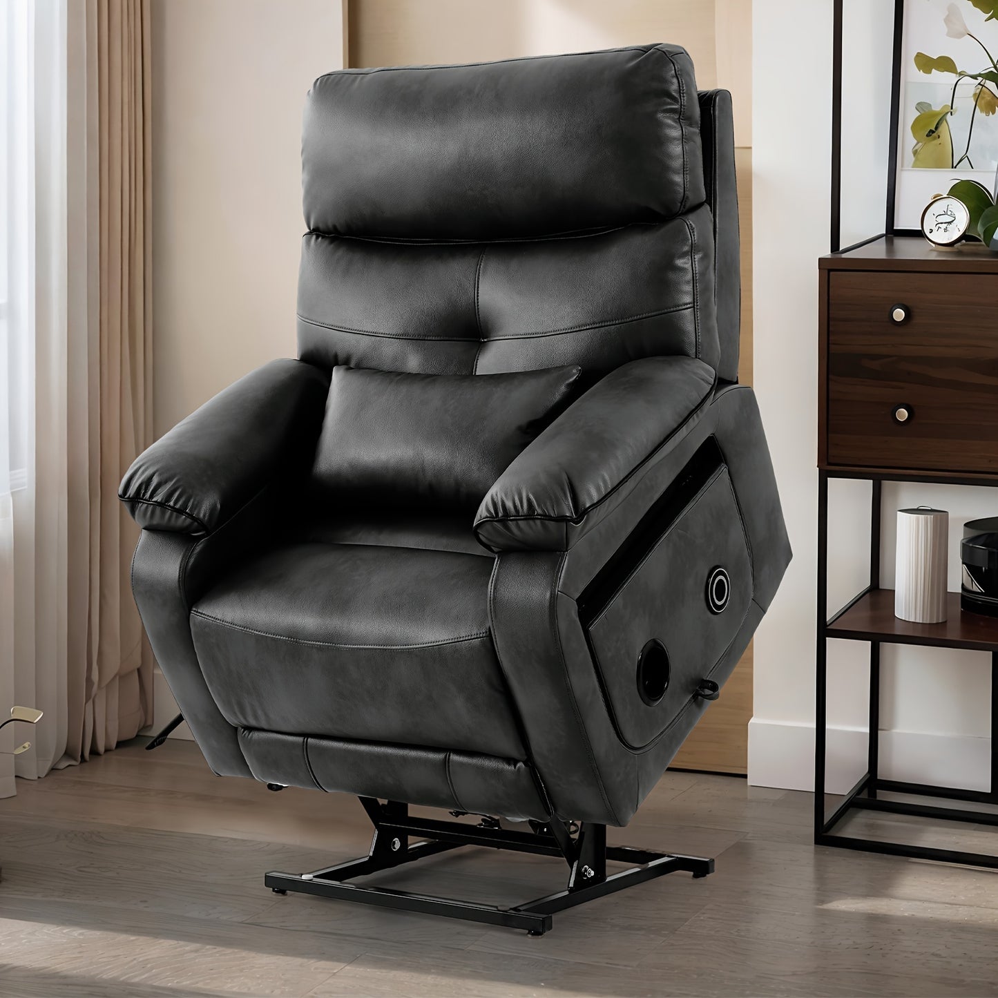 Infinite Position Electric Lift Recliner with Wireless Charger and Cup Holder, Vibration Massage and Heating, Genuine Faux Leather, Beige, Brown Silvery Gray Color Optional