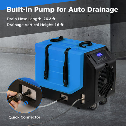COSTWAY 190 PPD Commercial Dehumidifier W/ Pump, Rotational Molded Industrial Dehumidifier W/ 2 Wheels, Handle & Drain Hose for Water Damage Restoration, Basement, Crawl Space, Up to 9000 Sq. Ft