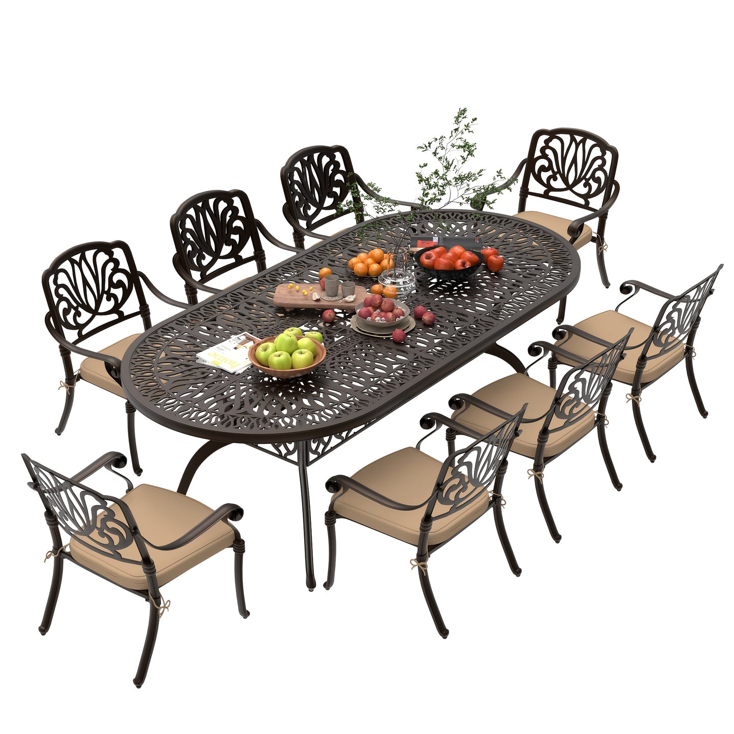 9pcs Cast Aluminum Patio Furniture, Outdoor Dining Sets for 8 Include 87" Oval Patio Dining Table And 8 Chairs with Cushions & Umbrella Hole (Bronze)