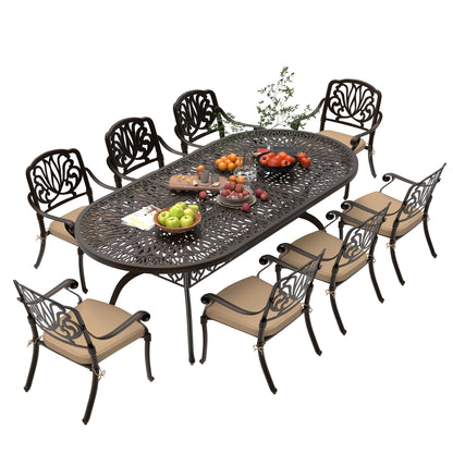 9pcs Cast Aluminum Patio Furniture, Outdoor Dining Sets for 8 Include 87" Oval Patio Dining Table And 8 Chairs with Cushions & Umbrella Hole (Bronze)