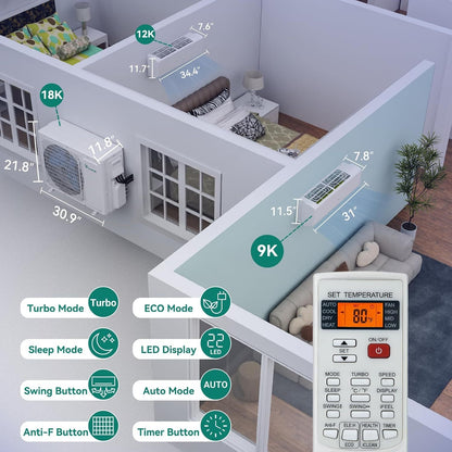 2-Zone Mini Split Heat Pump 18K BTU (9K+12K), SEER2 Wifi Ductless Air Conditioner, Cooling Area Up to 950 Square Feet, 208-230V, Compatible with Alexa, All White System