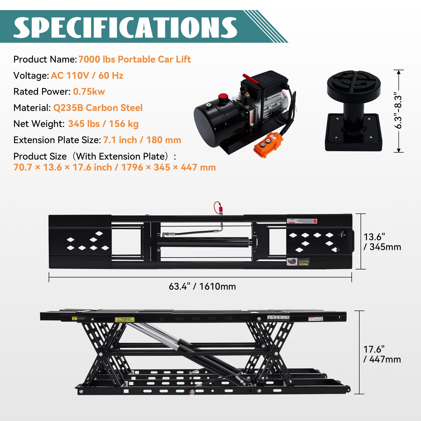 7000lb to 8000lb car lift designed for home garage workshop auto repair, suitable for sedan SUV pickup and most universal vehicles, ideal for maintenance inspection and underbody work.
