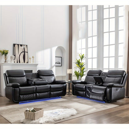 Home Theater Seating, Faux Leather Power Reclining Sofa Set with LED Lights, Bass Speakers, Cup Holders & Drop Down Table for Living Room, Media Room
