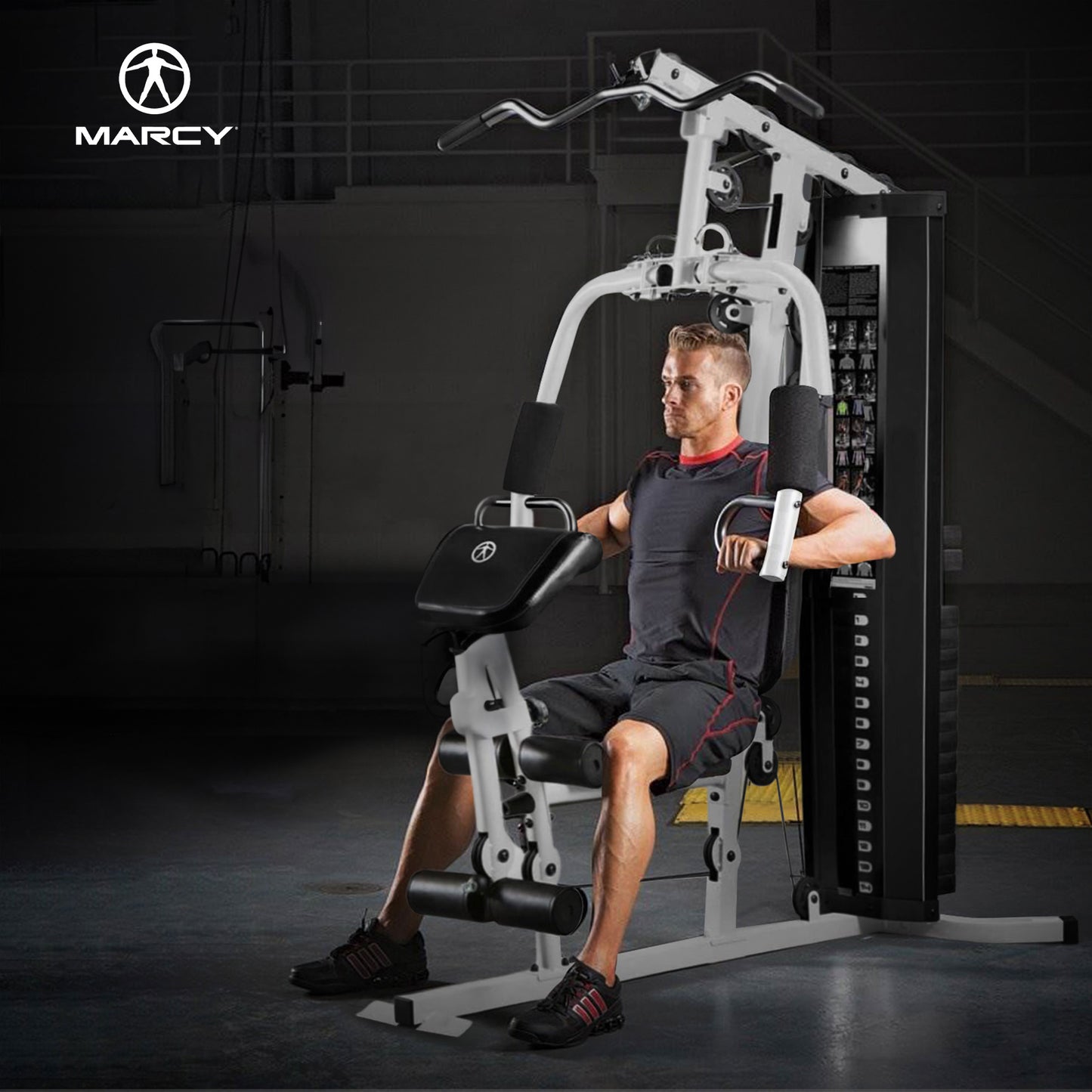 Marcy Home Gym Workout Station with Curl Pad, Lat Pulldown, Leg Developer & Weights, White