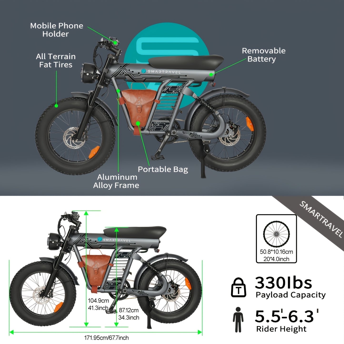 20" Fat Tire Electric Bike For Adults, 749W Peak Motor, 48V 25Ah Removable Battery, 19.88MPH, Aluminum Frame, With Phone Holder & Bag, All-Terrain, Best Value E-Bike For City Commuting, Beach Riding, Outdoor Travel, Perfect Gift For Men Women