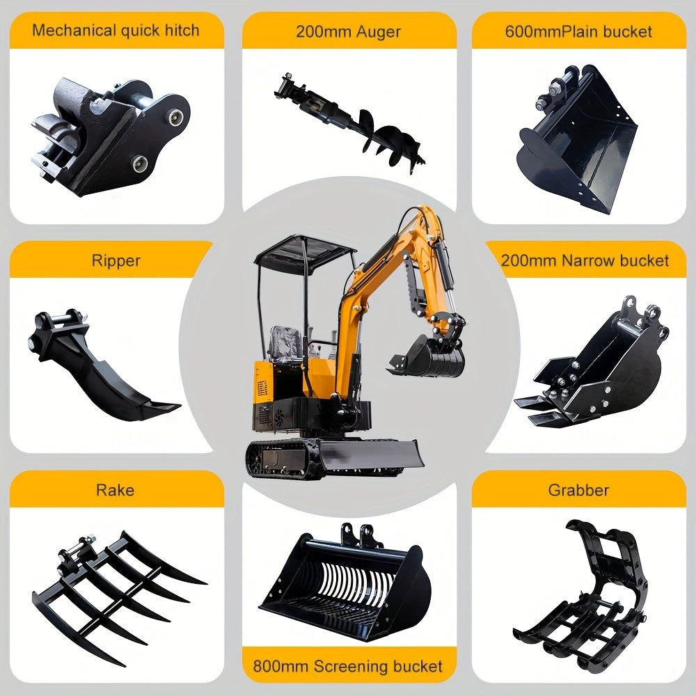Set of 8 Mini Excavator Attachments Including Quick Hitch, Narrow Bucket, Ripper, Rake, Auger, Grapple, And Screening Bucket for Small Diggers, Available in USA Stock