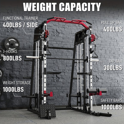 Home Gym with a Smith Machine, Featuring a 2200 Lbs Power Rack Cage, Cable Crossover, Weight Bar, 360° Landmine, Barbell Holders, And Various Attachments for Comprehensive Body Strength Training