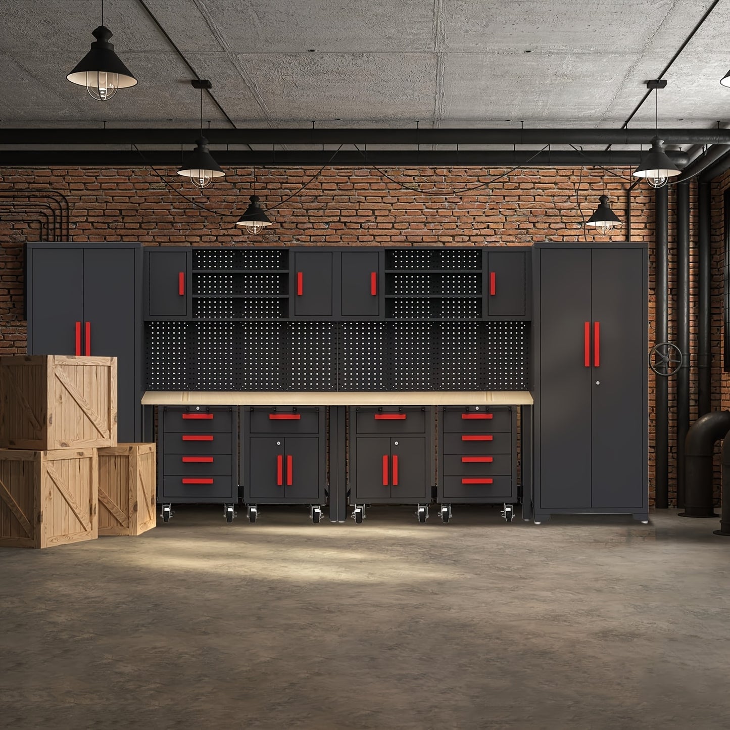 12pcs Heavy-Duty Steel Rolling Tool Box with Lockable Drawers & Cabinet - Heavy-Duty Steel Construction, 2-Tier Shelves, 3 Drawers, 2 Cabinets, Red Accents for Garage Workshop Storage (Black/Red), Workshop Organization,