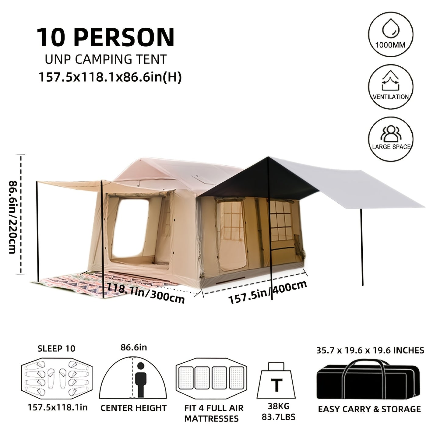 4-8 Person Deluxe Camping Inflatable Tent with Hand Pump 129 Square Feet Large Space Easy Setup Zip Closure Matching with A Canopy to Use, with A Wood Stove Chimney Opening, Tent for 4 Season, Outdoor Camping, Windproof, High Quality with Mosquito