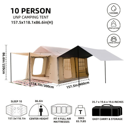 4-8 Person Deluxe Camping Inflatable Tent with Hand Pump 129 Square Feet Large Space Easy Setup Zip Closure Matching with A Canopy to Use, with A Wood Stove Chimney Opening, Tent for 4 Season, Outdoor Camping, Windproof, High Quality with Mosquito