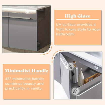 LED Floating Bathroom Double Vanity with Sink Combo, Modern High Gloss Wall Mounted Bathroom Storage Cabinet with 3 Hole Sink&& Metal Handles& Soft Closing Doors