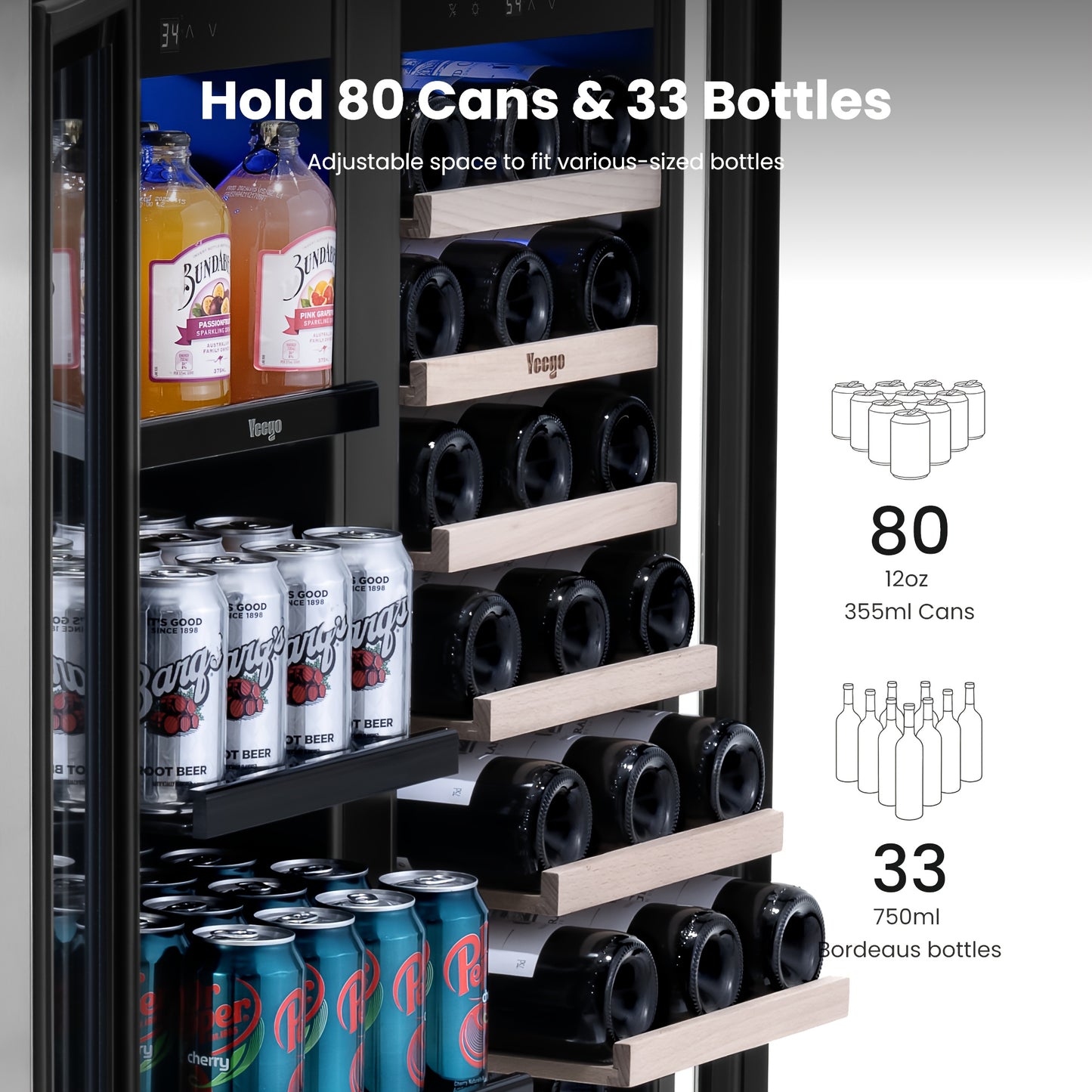 Yeego Wine And Beverage Refrigerator, 30 Inch Dual Zone Wine & Beverage Cooler, 33 Bottles & 80 Cans, Freestanding/Built-in Glass Door with Digital Control & Blue LED Display, 36-72°F Double Door Wine Refrigerator, Ideal for Bar/Home/Restaurant