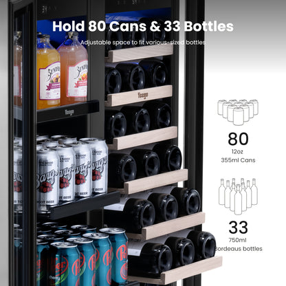 Yeego Wine And Beverage Refrigerator, 30 Inch Dual Zone Wine & Beverage Cooler, 33 Bottles & 80 Cans, Freestanding/Built-in Glass Door with Digital Control & Blue LED Display, 36-72°F Double Door Wine Refrigerator, Ideal for Bar/Home/Restaurant