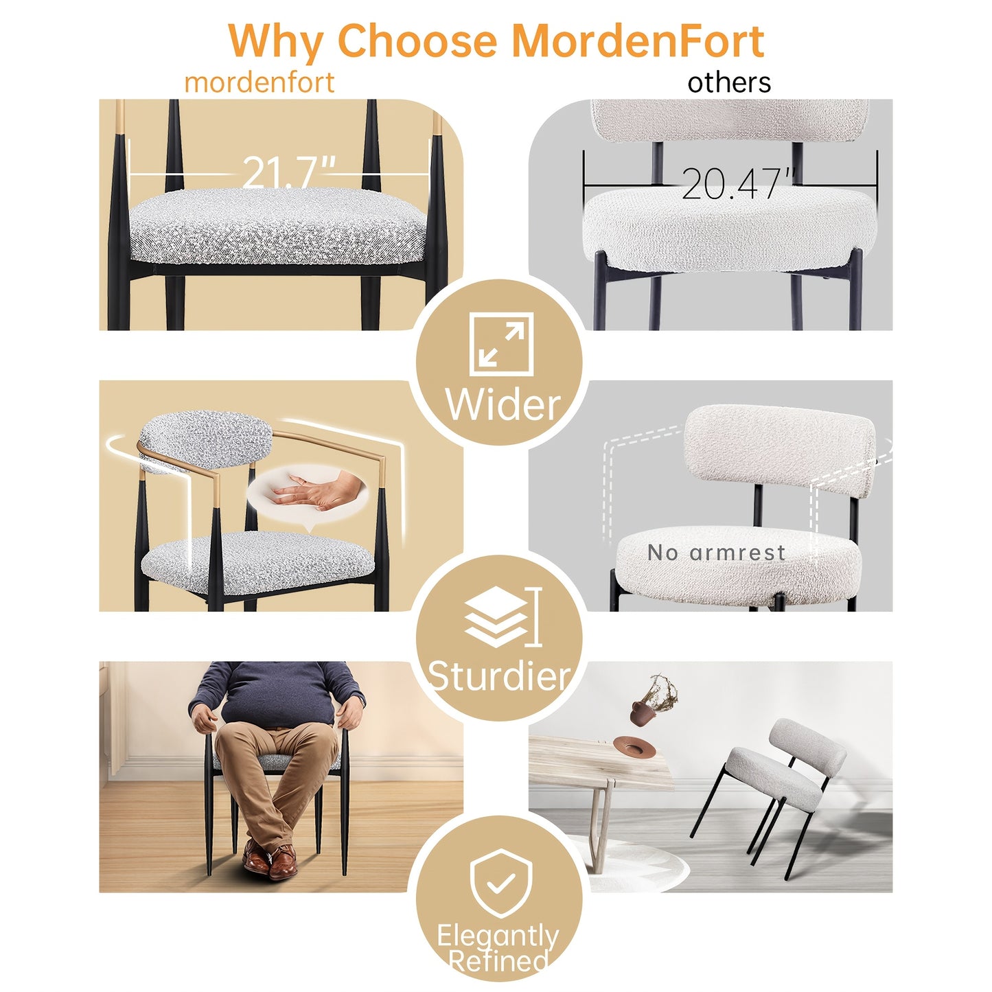 Morden Fort Black Modern Dining Chairs, Boucle Armchair Set Of 2 For Kitchen, Reception Room, Living Room, Bedroom, Restaurant