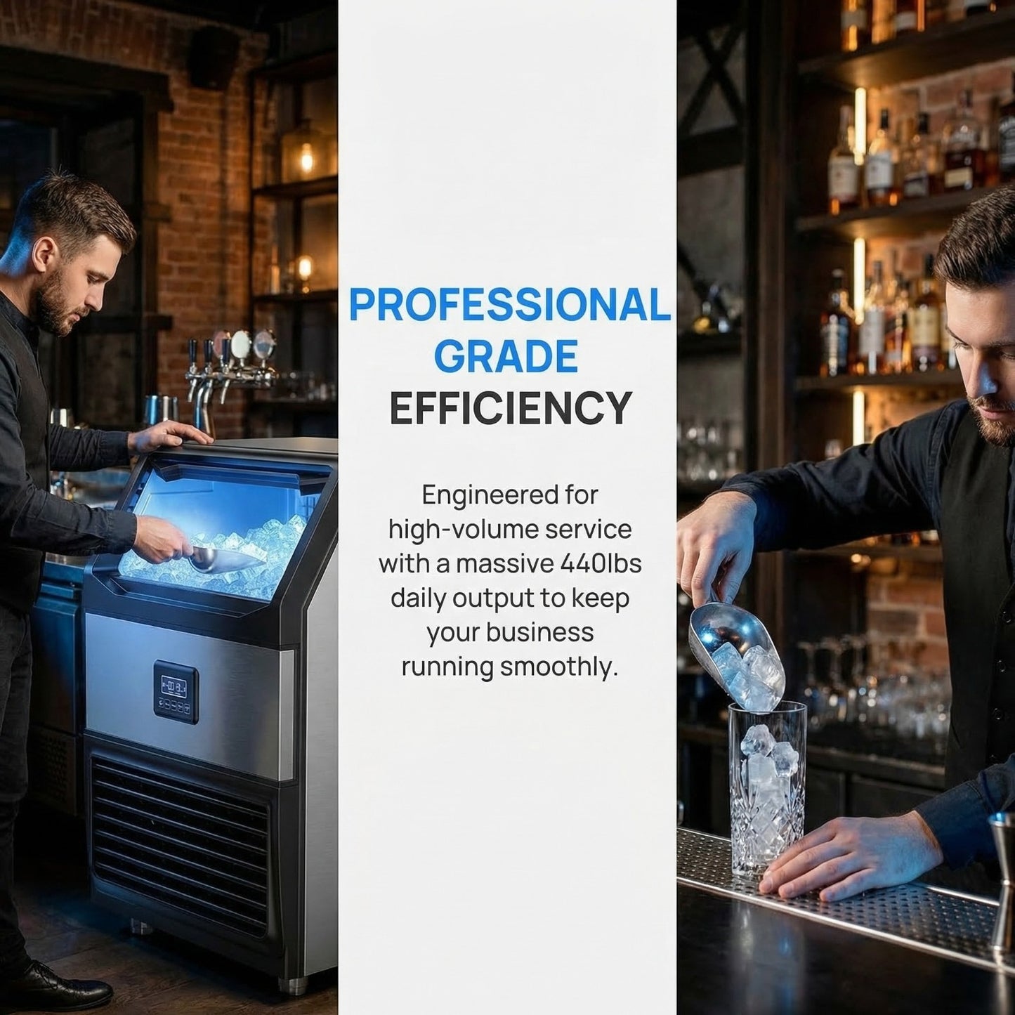 Commercial Ice Maker Machine 440lbs Daily Output, Freestanding Self-Contained Ice Maker with 77lbs Storage Bin, LCD Display Panel with Connection Hoses & Scoop for Home Bar or Office Use