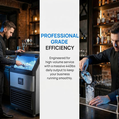 Commercial Ice Maker Machine 440lbs Daily Output, Freestanding Self-Contained Ice Maker with 77lbs Storage Bin, LCD Display Panel with Connection Hoses & Scoop for Home Bar or Office Use