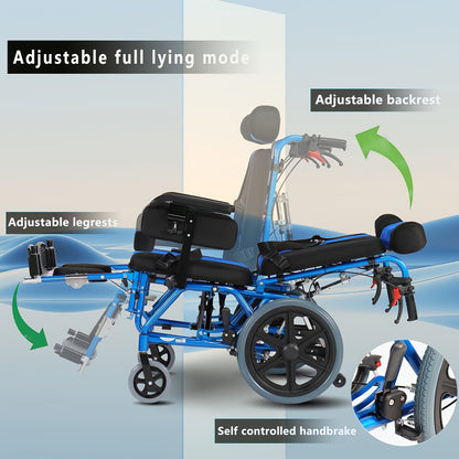 Foldable Pediatric Wheelchair for Kids & Children Cerebral Palsy, 17"Seat Width, 15"Rear Wheel Manual Folding Multi-Functional Wheelchairs