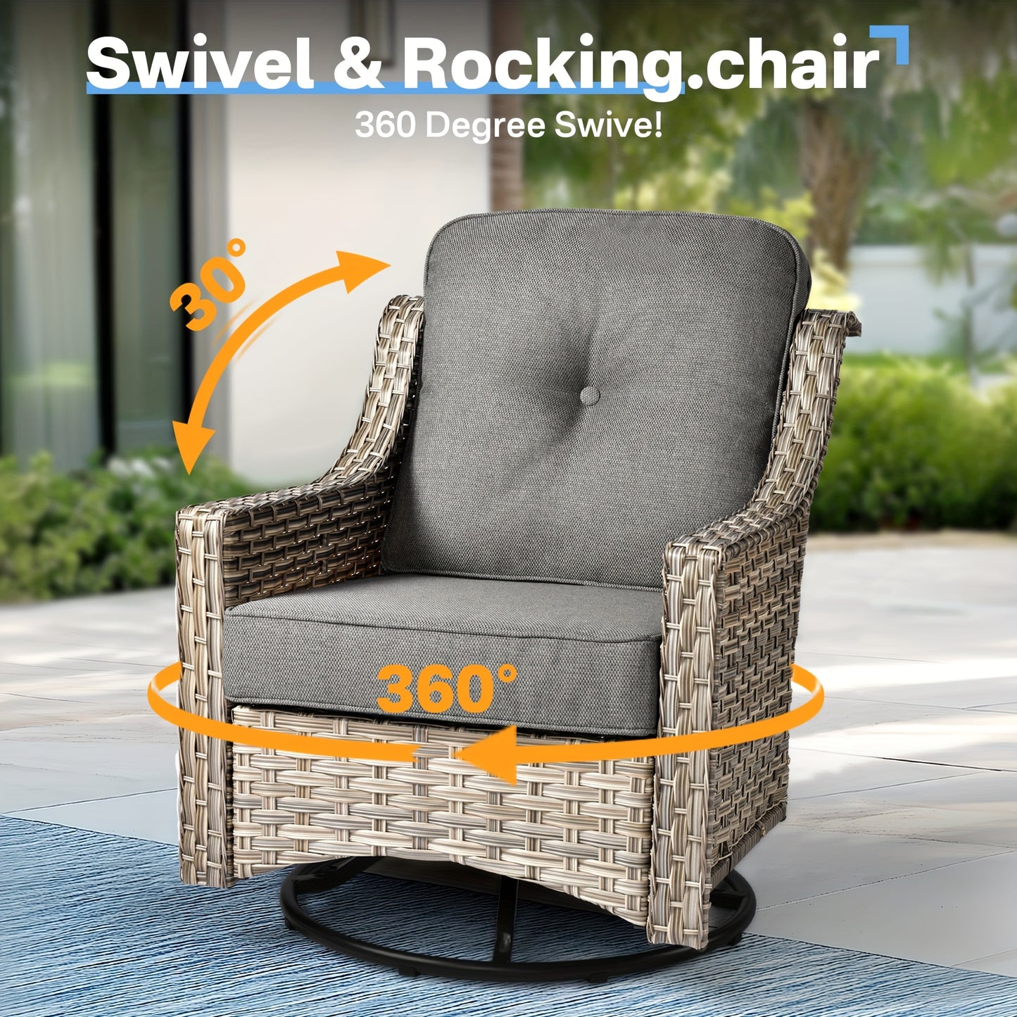 5pcs Outdoor Patio Furniture Set with 2 Swivel Chairs, 1 Outside Sofa, 1 Side Table and 1 Solar Lighting Glass Coffee Table - All-Weather Wicker Patio Conversation Set Modern Design for Garden, Deck, and Porch Decor