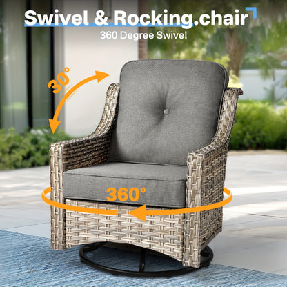 5pcs Outdoor Patio Furniture Set with 2 Swivel Chairs, 1 Outside Sofa, 1 Side Table and 1 Solar Lighting Glass Coffee Table - All-Weather Wicker Patio Conversation Set Modern Design for Garden, Deck, and Porch Decor