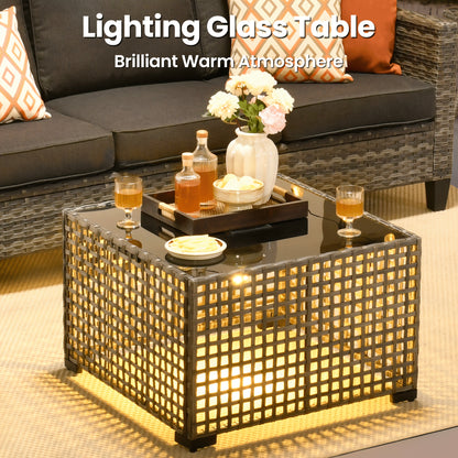 10pcs Outdoor Patio Furniture Sets With 54" Fire Pit Table And Solar Led Light Coffe Table, All-Weather PE Rattan Sectional Sofa Conversation Set With Swivel Rocking Chairs, Outside Modular Couch With Thick Cushions For Backyard, Deck, 7 Seats