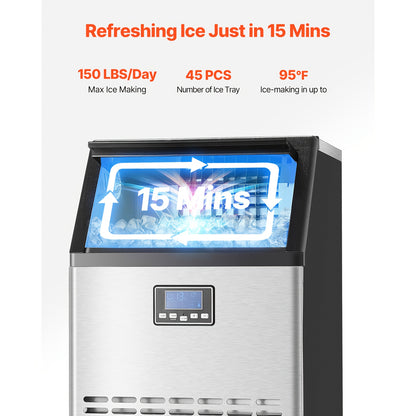 Commercial Ice Maker Machine 70/110/150/440lbs/24H, 33lbs Storage & 45 Cubes/15 Min, Dual Water Inlets, 120V US Plug, LED Display & Self-Cleaning for Bar Restaurant Office
