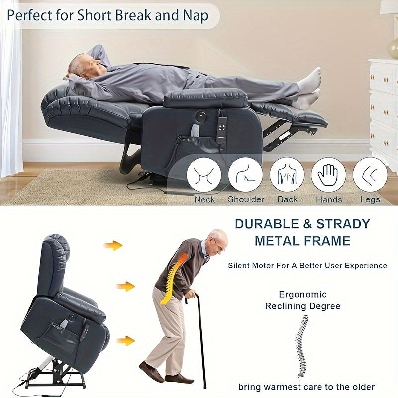 Dual Motor Lay Flat Power Lift Recliner Chair For Elderly Armchair Adjustable Breathable Leather Sofa Chair With Massage And Heating For Living Room Infinite Position Lift Recliner (Navy Blue)